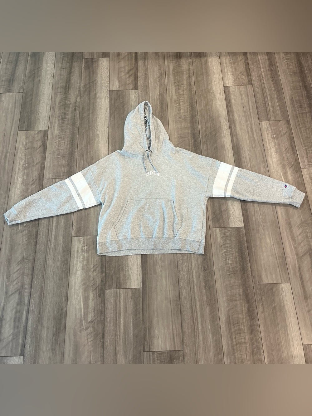 Champion Gray Hooded Pullover Sweatshirt with White Sleeve Stripes